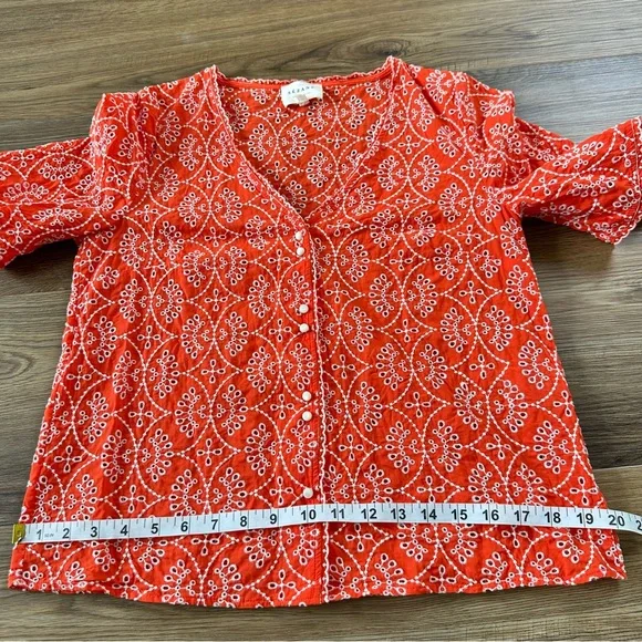 Sezane Antika Blouse Ecru On Coral 38 Fr US 6 Embroidered Button V-Neck Eyelet - Picture 11 of 11